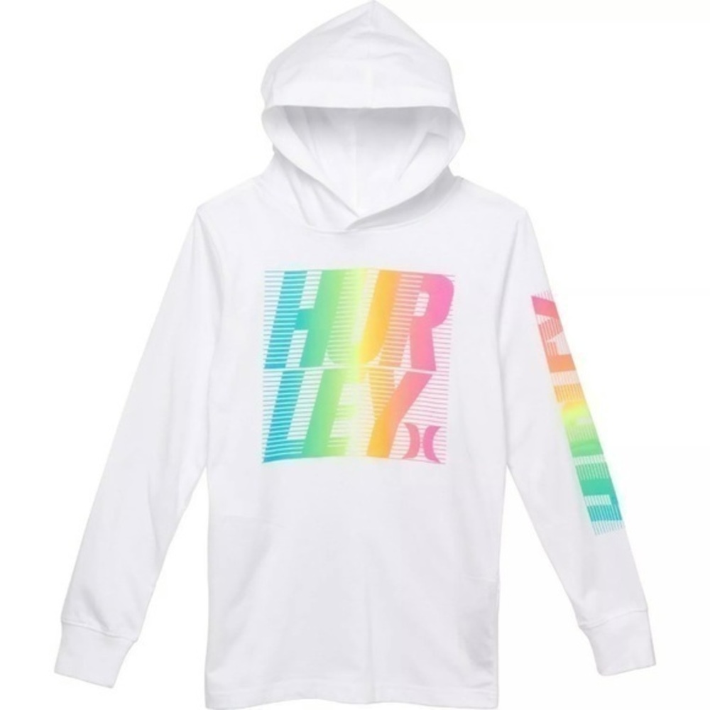 Hurley Stacked Icon Hooded Longsleeve Tee Shirt White with Bright Colors - Youth